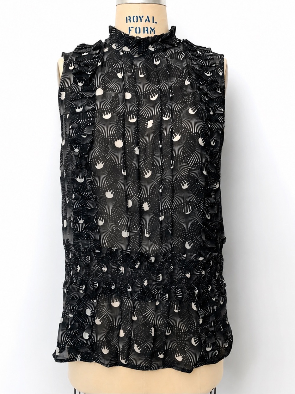 H&M BLACK WHITE ABSTRACT FEATHER PRINT SLEEVELESS RUFFLED PLEATED BLOUSE 12 NWT